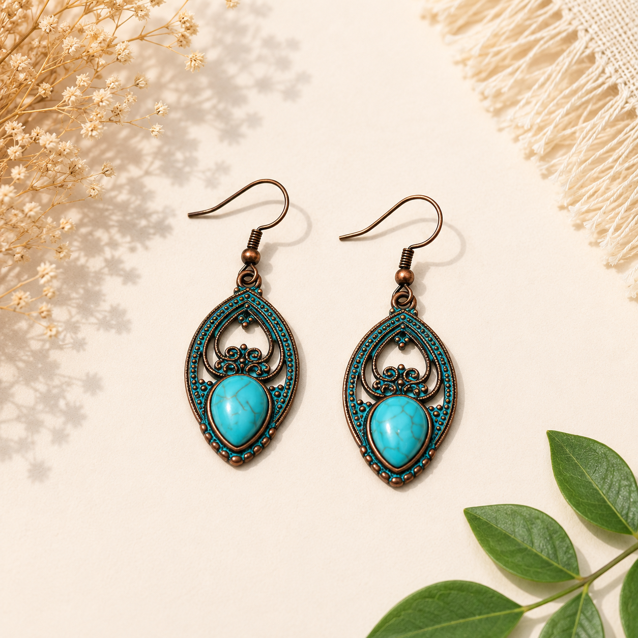 Turquoise Teardrop Filigree Earrings