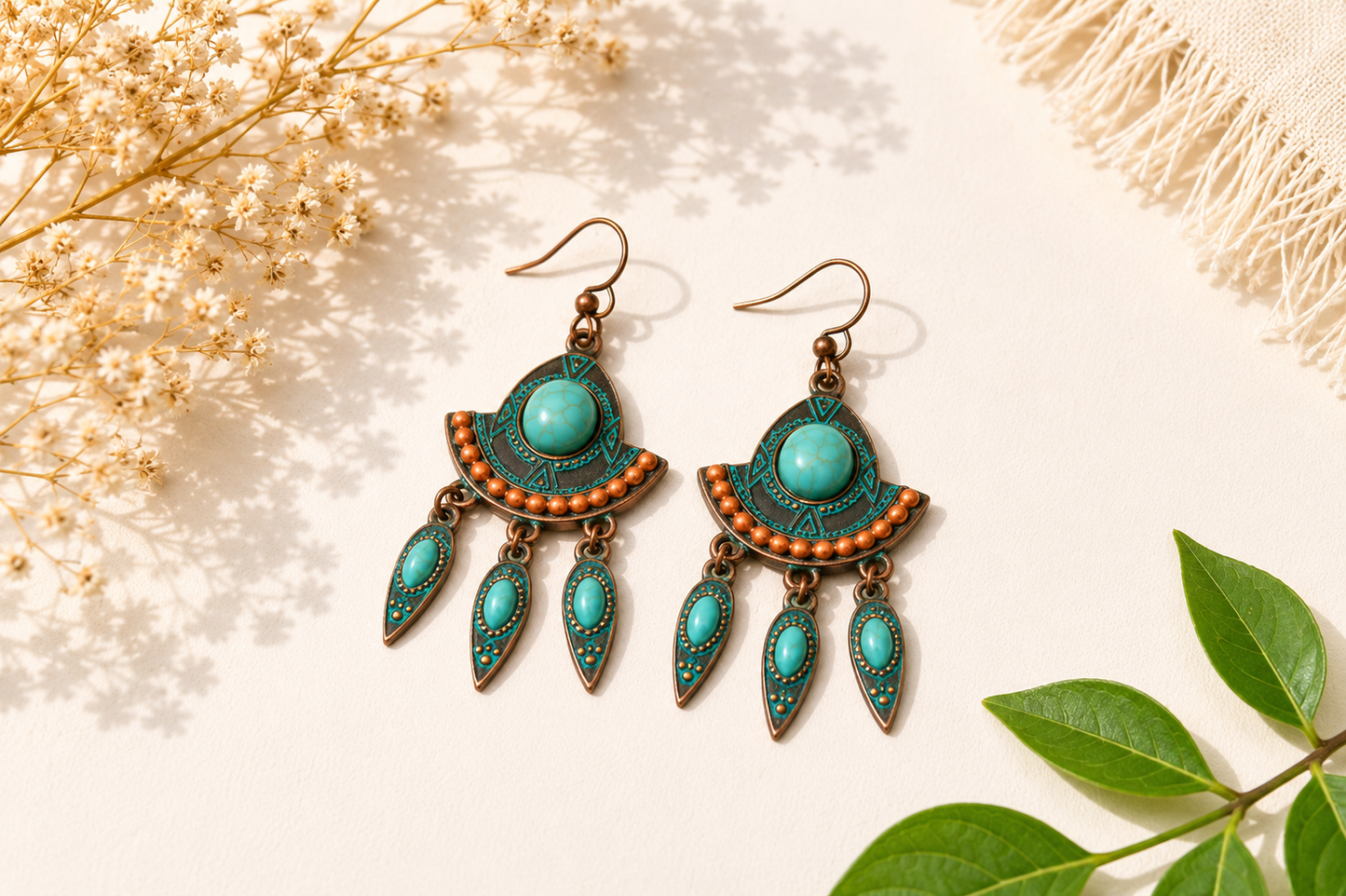 Turquoise Tribal Crescent Earrings