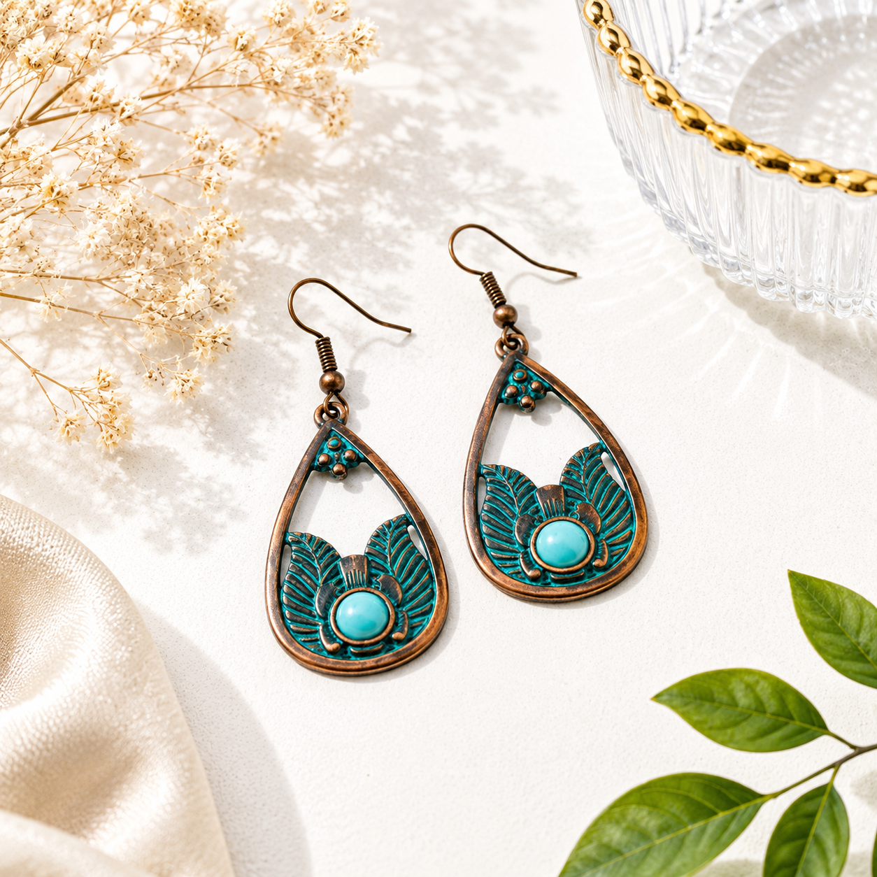 Turquoise Feather Teardrop Earrings