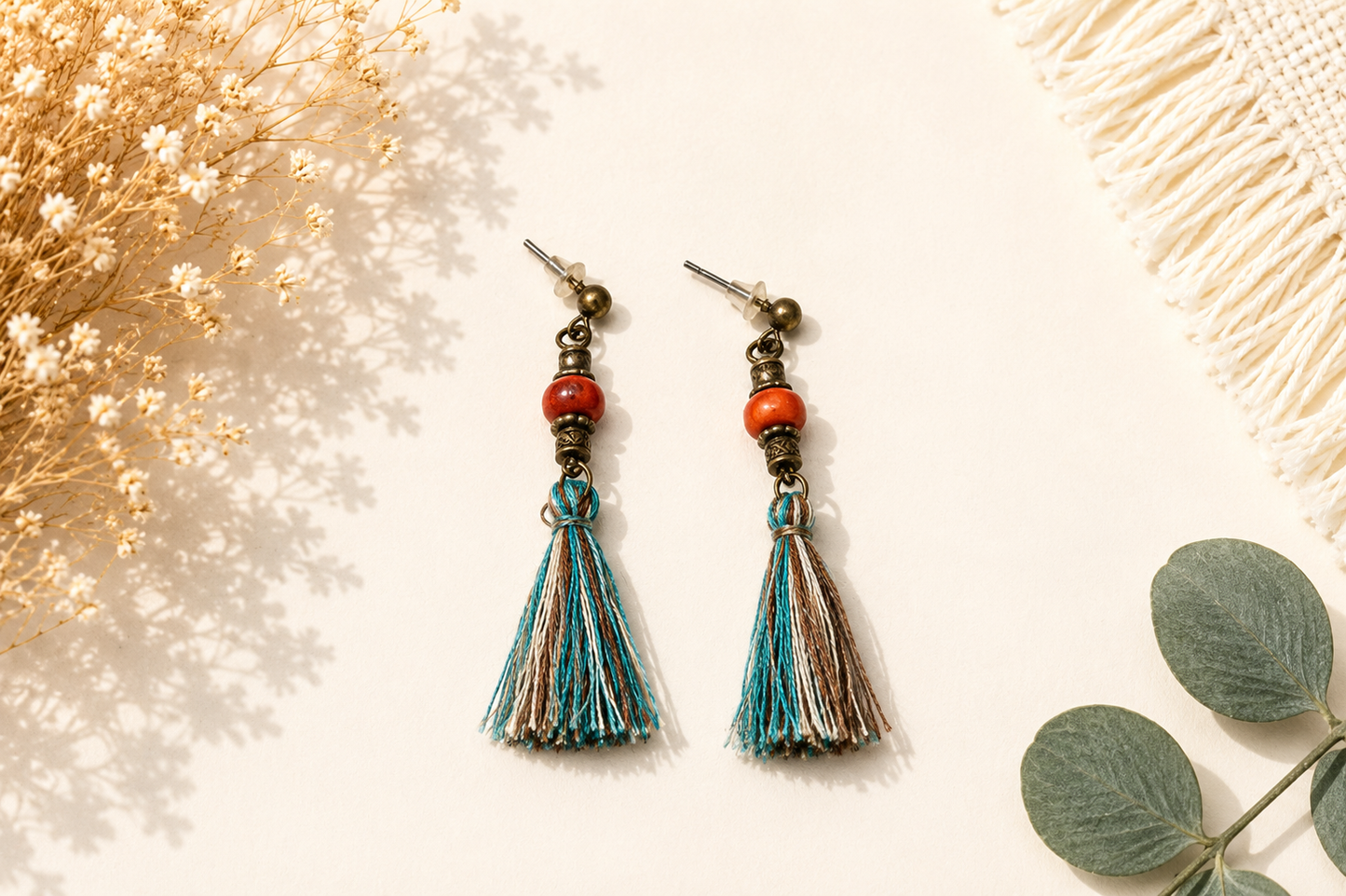 Coral Bead Tassel Earrings