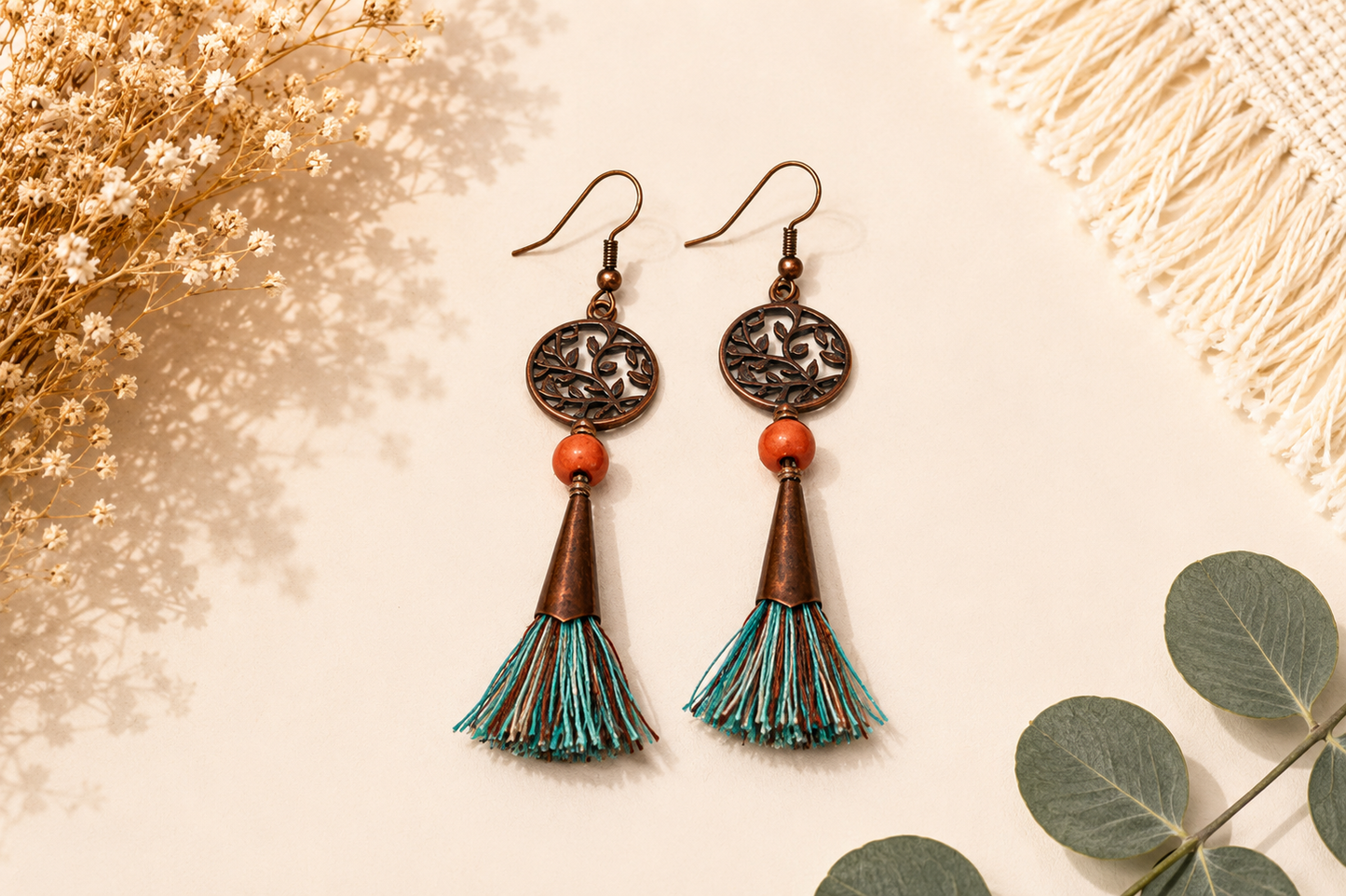 Coral Tree Tassel Earrings