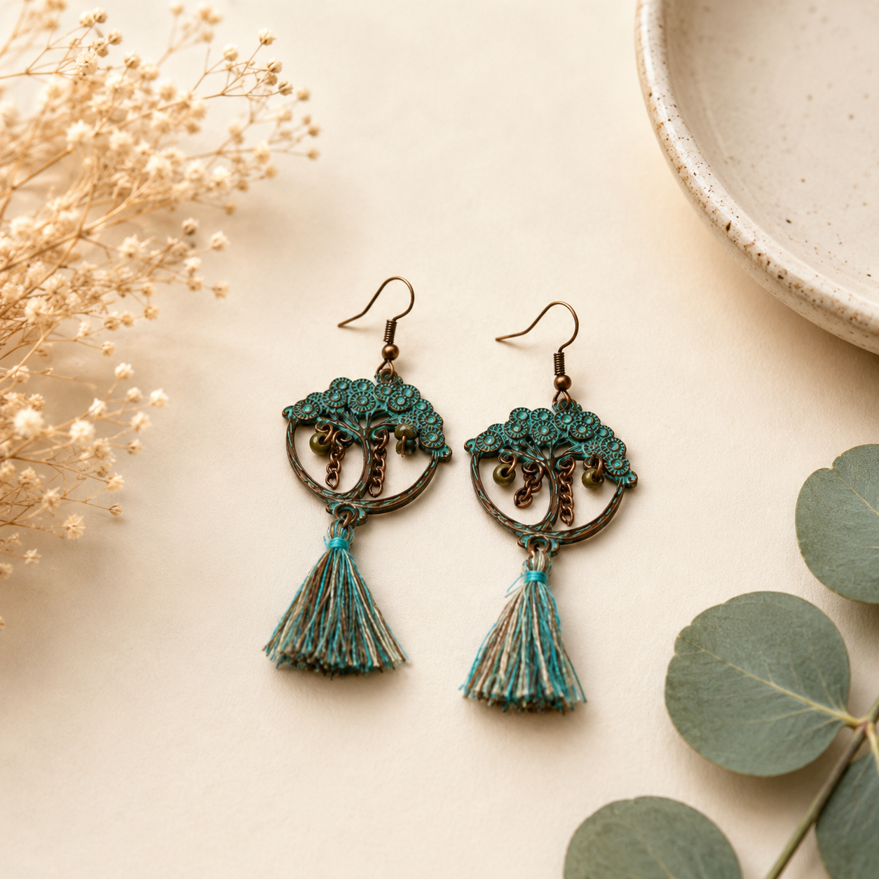 Turquoise Tree Tassel Earrings