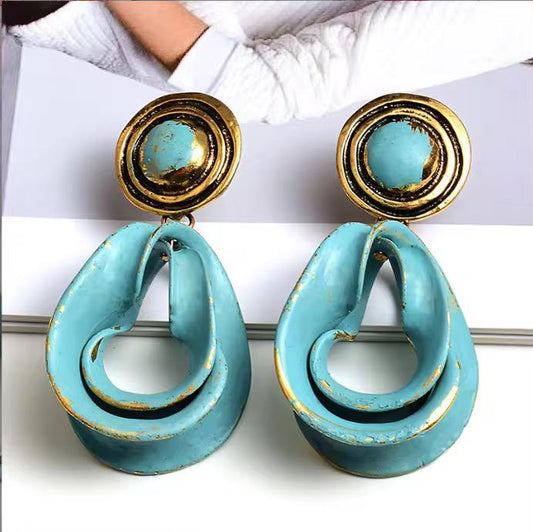Vintage Gold-Brushed Turquoise Teardrop Hoop Earrings