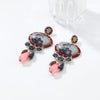 Marble Stone Oval Earrings with Red Beaded Halo, Black Roses & Teardrop Charms