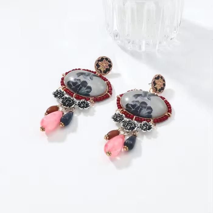 Marble Stone Oval Earrings with Red Beaded Halo, Black Roses & Teardrop Charms