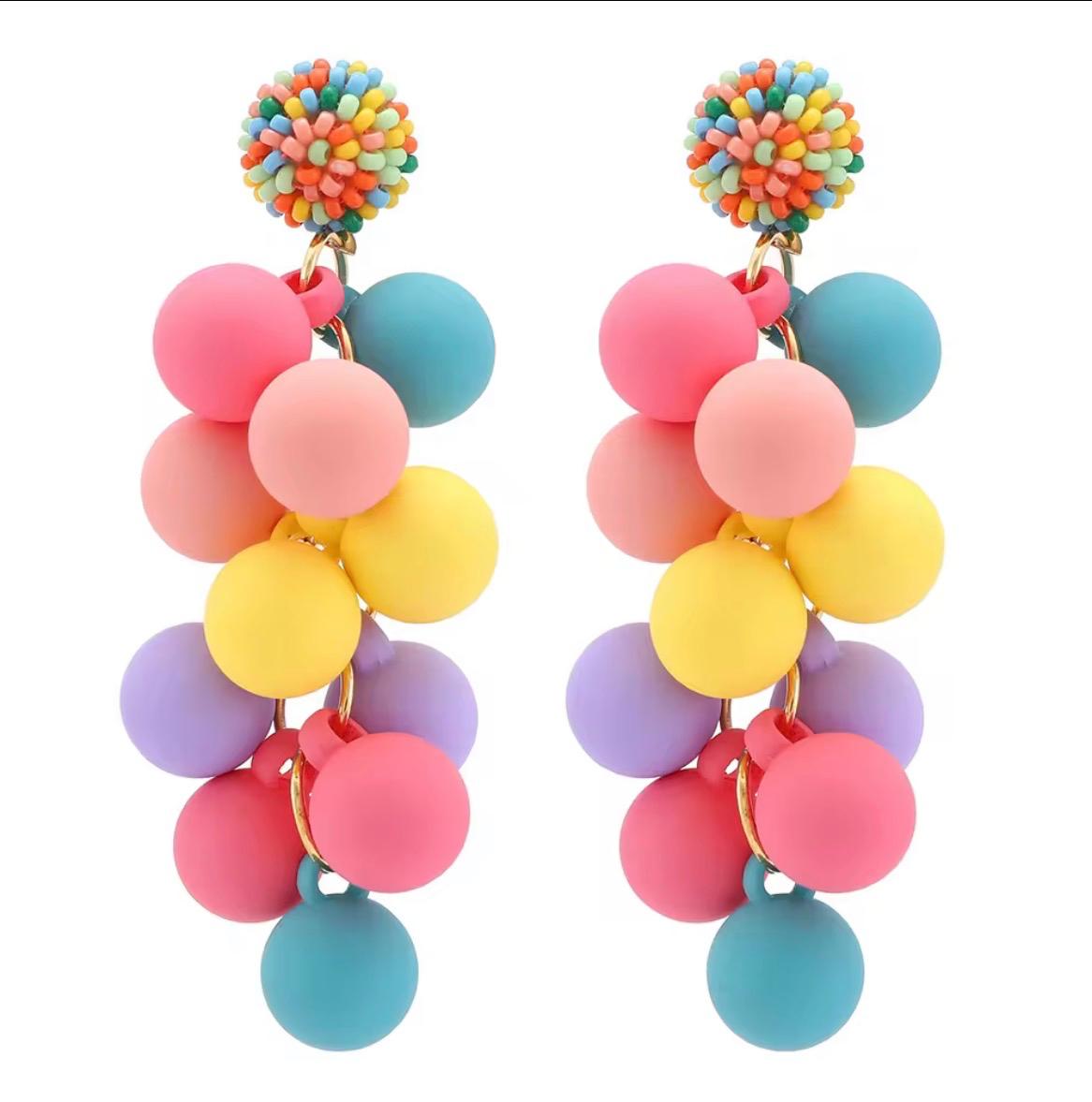 Multicolor Pastel Pom-Pom Cluster Beaded Drop Earrings