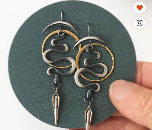 Oxidized Silver Snake Dangle Earrings with Gold Hoop & Spike Drop