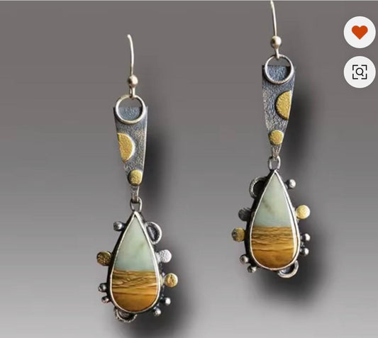 Mixed Metal Artisan Earrings with Landscape Agate Teardrop & Granulation Detail