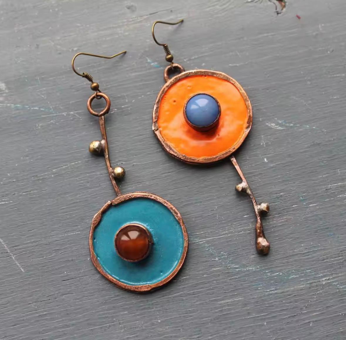 Hammered Copper Enamel Disc Earrings with Orange & Teal Cabochon Stones