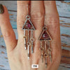 Boho Triangle Earrings with Pink Stone & Wire-Wrapped Fringe Drops