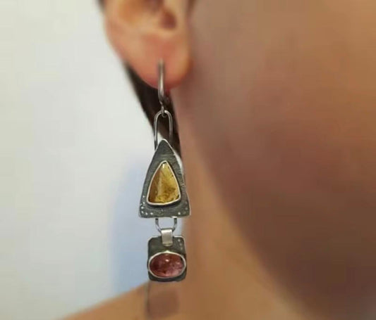 Two-Tier Textured Silver Earrings with Citrine & Pink Tourmaline Stones