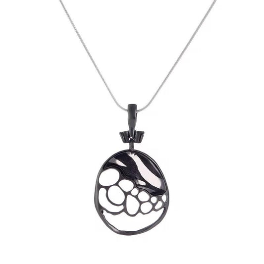 Black Bubble Cutout Oval Pendant Necklace with Silver Chain