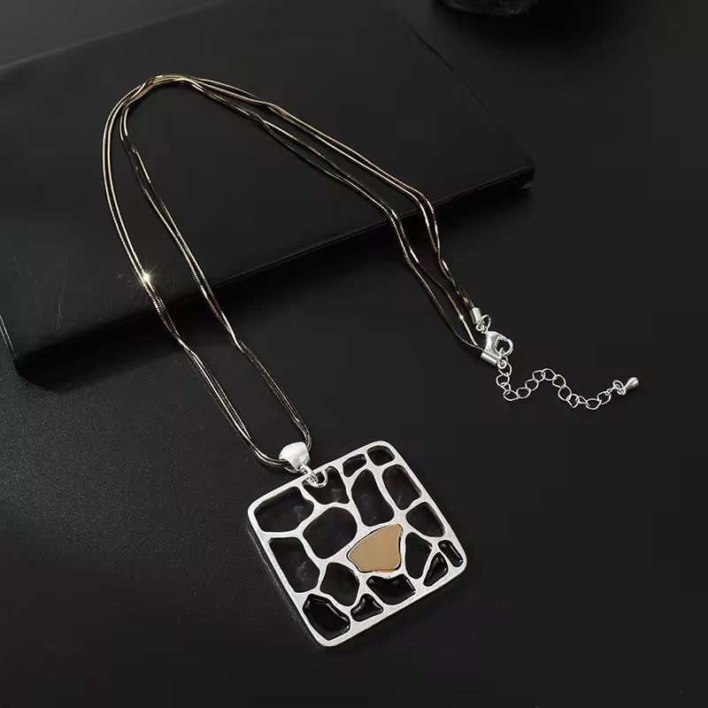 Silver Organic Cutout Square Pendant Necklace with Gold Accent, Triple Chain