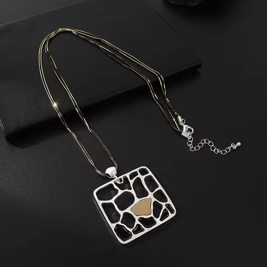 Silver Organic Cutout Square Pendant Necklace with Gold Accent, Triple Chain