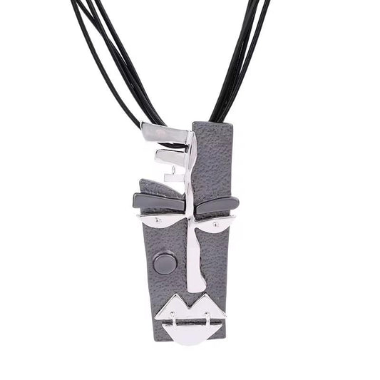 Abstract Geometric Face Pendant Necklace with Multi-Strand Cord