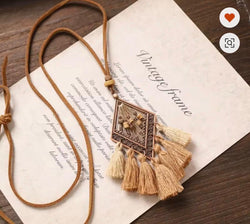 Antique Copper Rhombus Wooden Bead Pendant Necklace with Beige Tassels **
