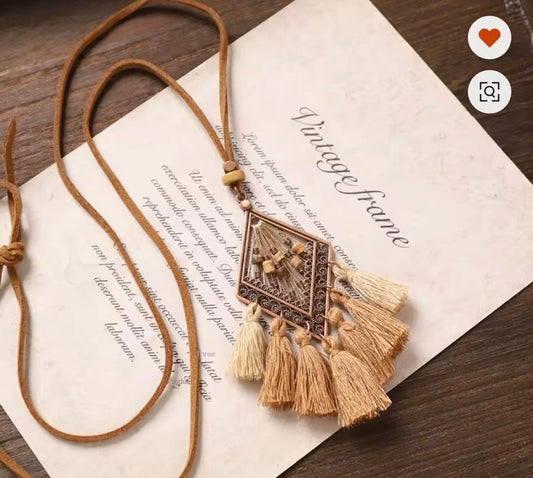 Antique Copper Rhombus Wooden Bead Pendant Necklace with Beige Tassels **