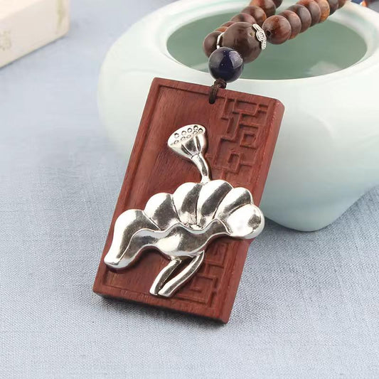 Silver Lotus Leaf & Seed Pod Rectangular Rosewood Pendant Necklace