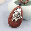 Silver Lotus Flower Teardrop Rosewood Pendant Necklace with Dragonfly Carving