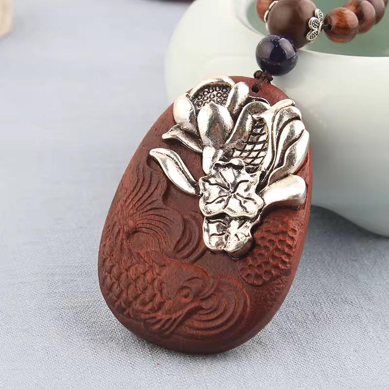 Silver Lotus & Carved Koi Fish Rosewood Pendant Necklace