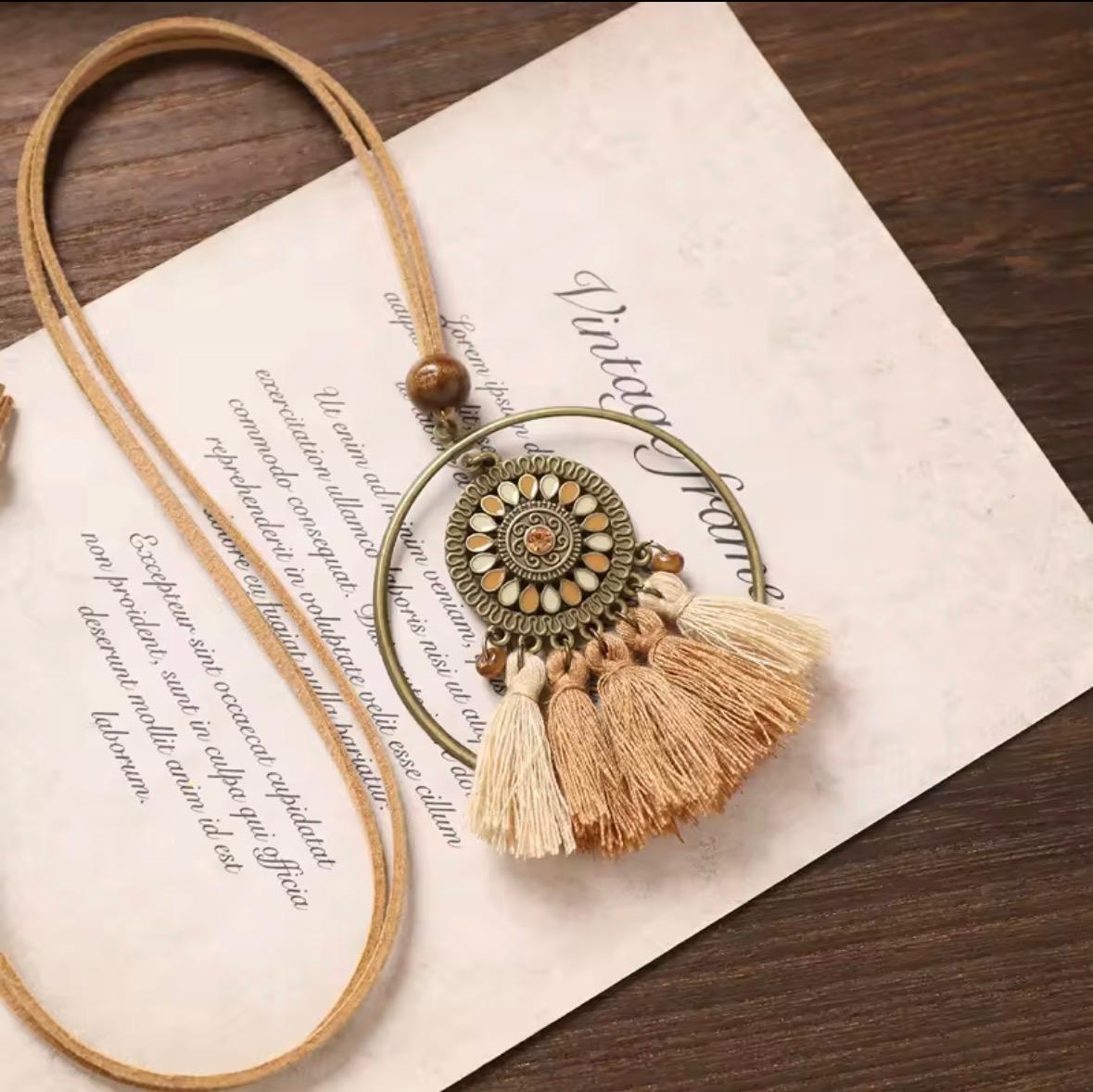 Bronze Hoop Enamel Mandala Charm Necklace with Beige Tassel Cluster