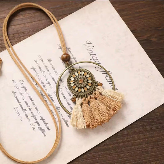 Bronze Hoop Enamel Mandala Charm Necklace with Beige Tassel Cluster
