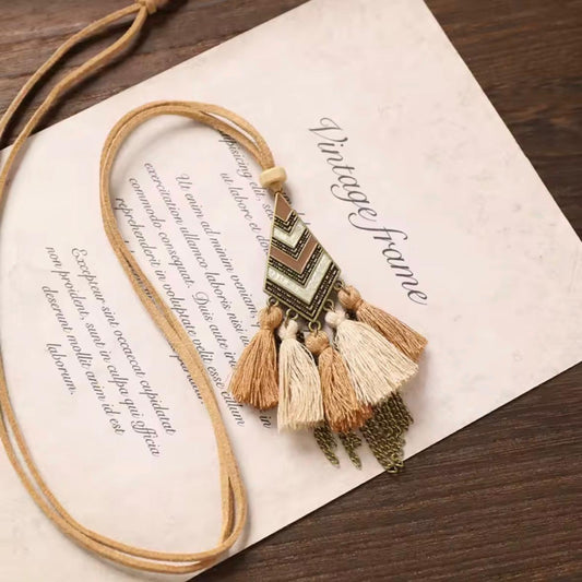 Chevron Enamel Rhombus Pendant Necklace with Tassels & Bronze Chain Fringe