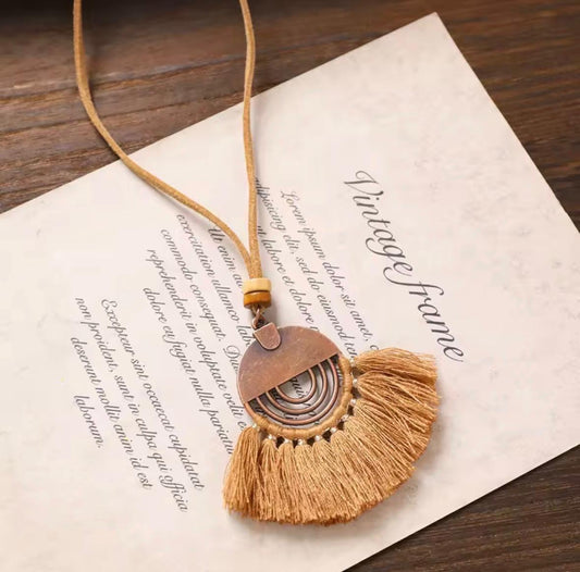 Copper Spiral Half-Circle Pendant Necklace with Camel Tassel Fan