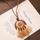 Mandala Print Copper Disc on Wood Pendant Necklace with Tassel Fringe