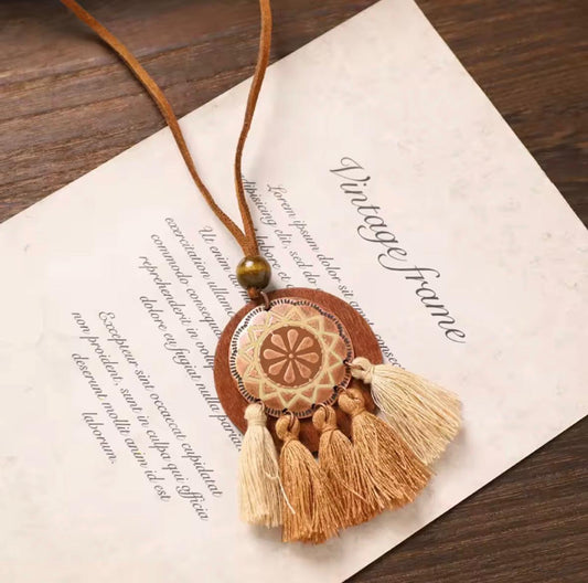 Mandala Print Copper Disc on Wood Pendant Necklace with Tassel Fringe