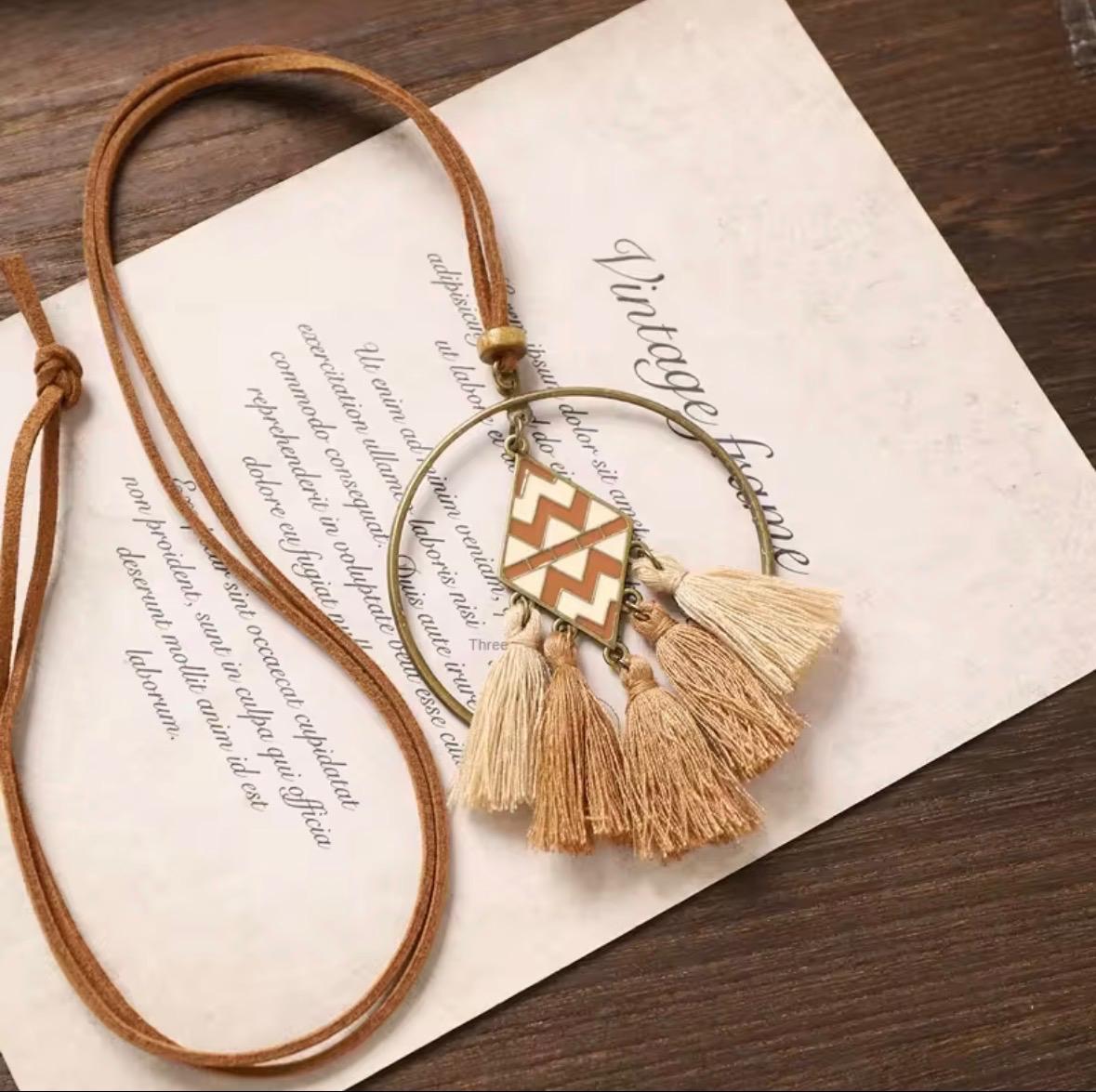 Bronze Hoop Zigzag Chevron Rhombus Necklace with Beige & Tan Tassels