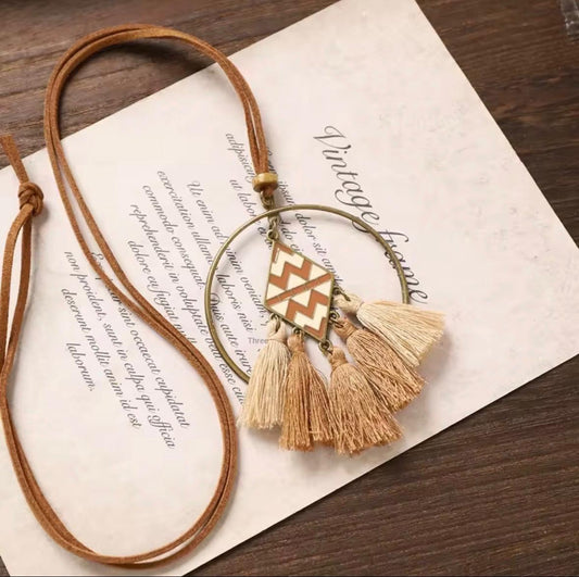 Bronze Hoop Zigzag Chevron Rhombus Necklace with Beige & Tan Tassels