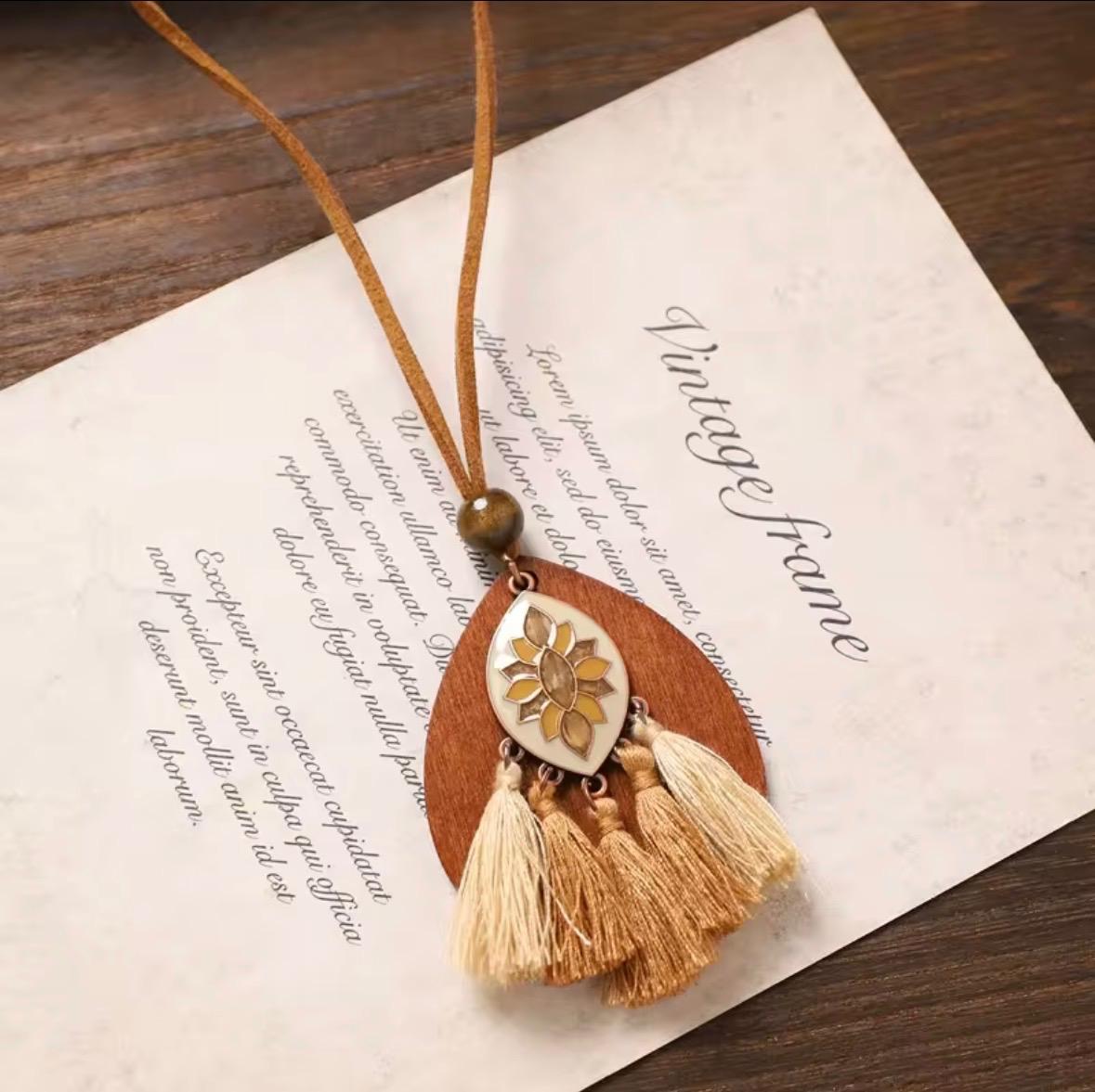 Wooden Teardrop Enamel Lotus Pendant Necklace with Cream Tassels