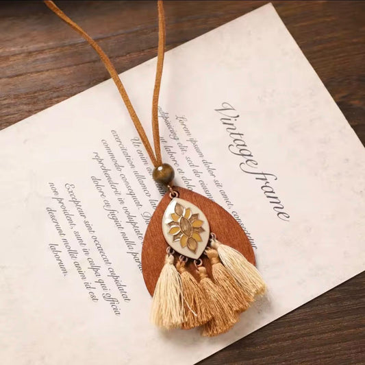 Wooden Teardrop Enamel Lotus Pendant Necklace with Cream Tassels