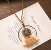 Antique Bronze Hoop Rhinestone Medallion Necklace with Cream & Tan Tassels