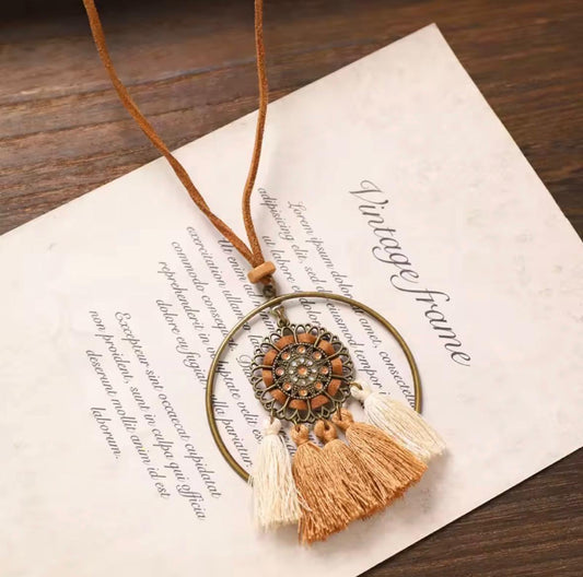 Antique Bronze Hoop Rhinestone Medallion Necklace with Cream & Tan Tassels