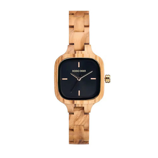 Square Black Dial Olive Wood Watch with Rose Gold Markers & Wooden Link Strap