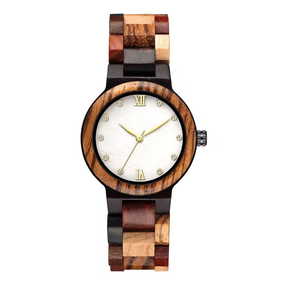 Round Crystal Marker White Dial Watch with Multicolor Mixed Wood Bracelet