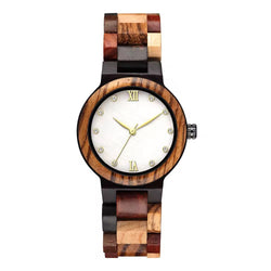 Round Crystal Marker White Dial Watch with Multicolor Mixed Wood Bracelet